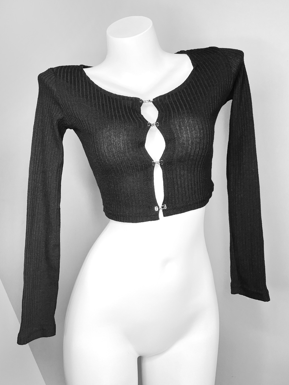 Y2K Black Ribbed Long-Sleeve Cropped Cardigan